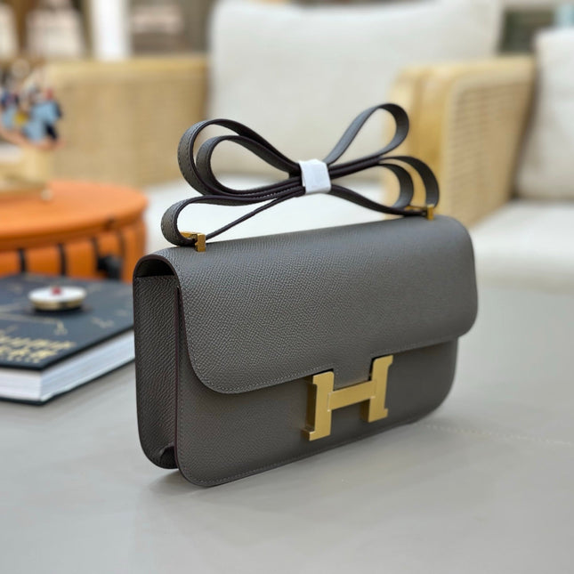 HM 25S CONSTANCE ELAN 24 CM IN DARK GREY EPSOM WITH GOLD HARDWARE
