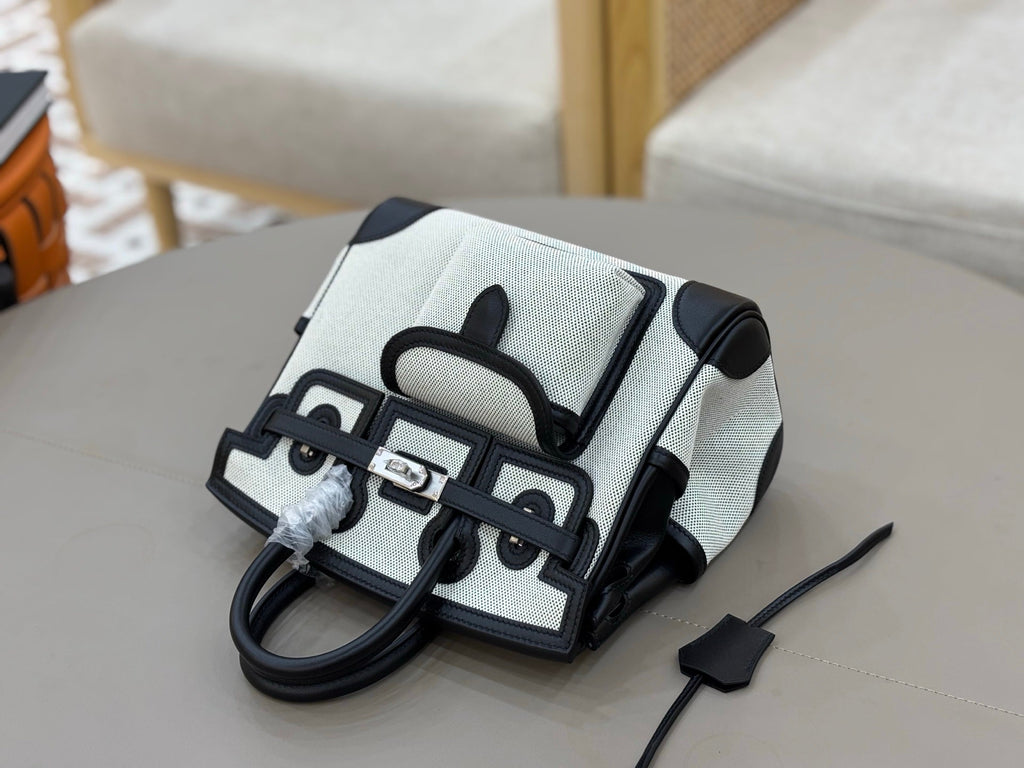 HM 25S BIRKIN CARGO 25 CM IN OFF-WHITE CANVAS AND BLACK SWIFT WITH SILVER HARDWARE
