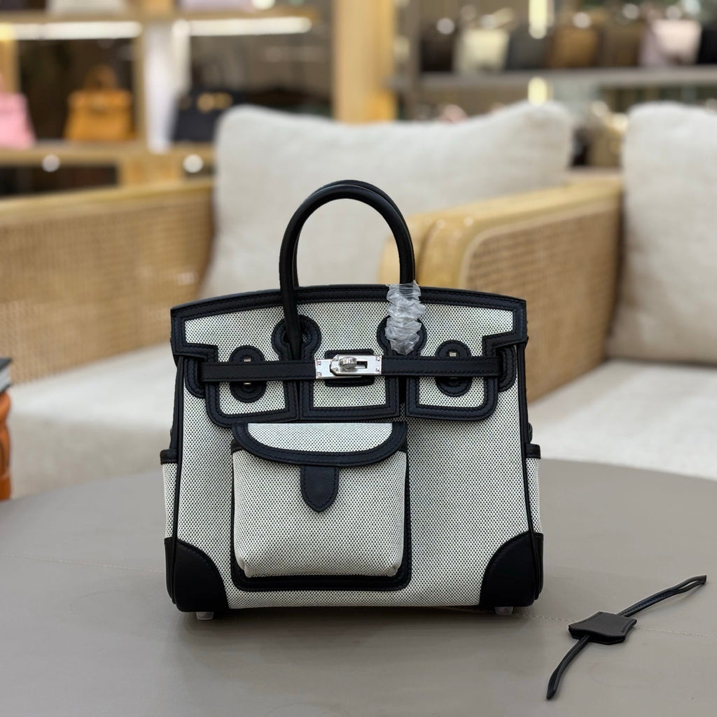 HM 25S BIRKIN CARGO 25 CM IN OFF-WHITE CANVAS AND BLACK SWIFT WITH SILVER HARDWARE