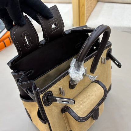 HM 25S BIRKIN CARGO 25 CM IN BEIGE CANVAS AND BLACK SWIFT WITH SILVER HARDWARE