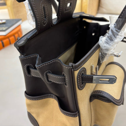 HM 25S BIRKIN CARGO 25 CM IN BEIGE CANVAS AND BLACK SWIFT WITH SILVER HARDWARE