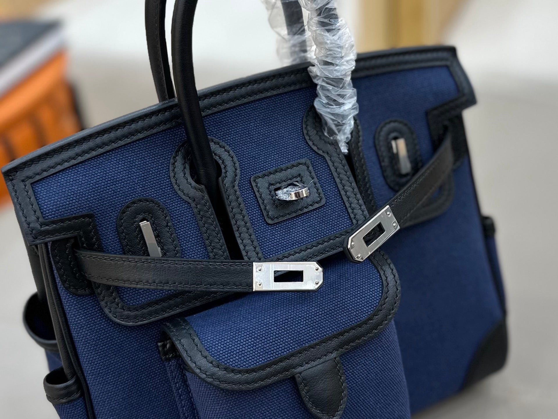 HM 25S BIRKIN CARGO 25 CM IN NAVY BLUE CANVAS AND BLACK SWIFT WITH SILVER HARDWARE