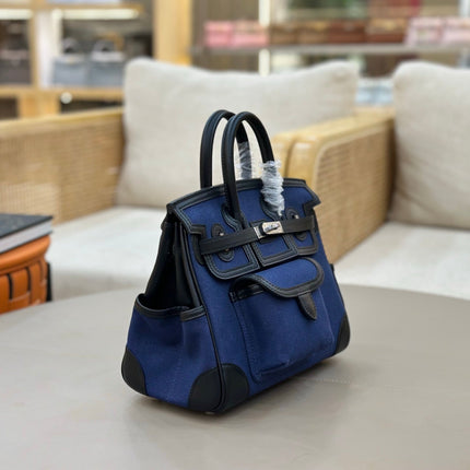 HM 25S BIRKIN CARGO 25 CM IN NAVY BLUE CANVAS AND BLACK SWIFT WITH SILVER HARDWARE