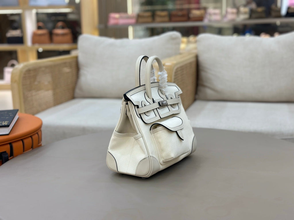 HM 25S BIRKIN CARGO 25 CM IN CREAM WHITE CANVAS AND SWIFT WITH SILVER HARDWARE