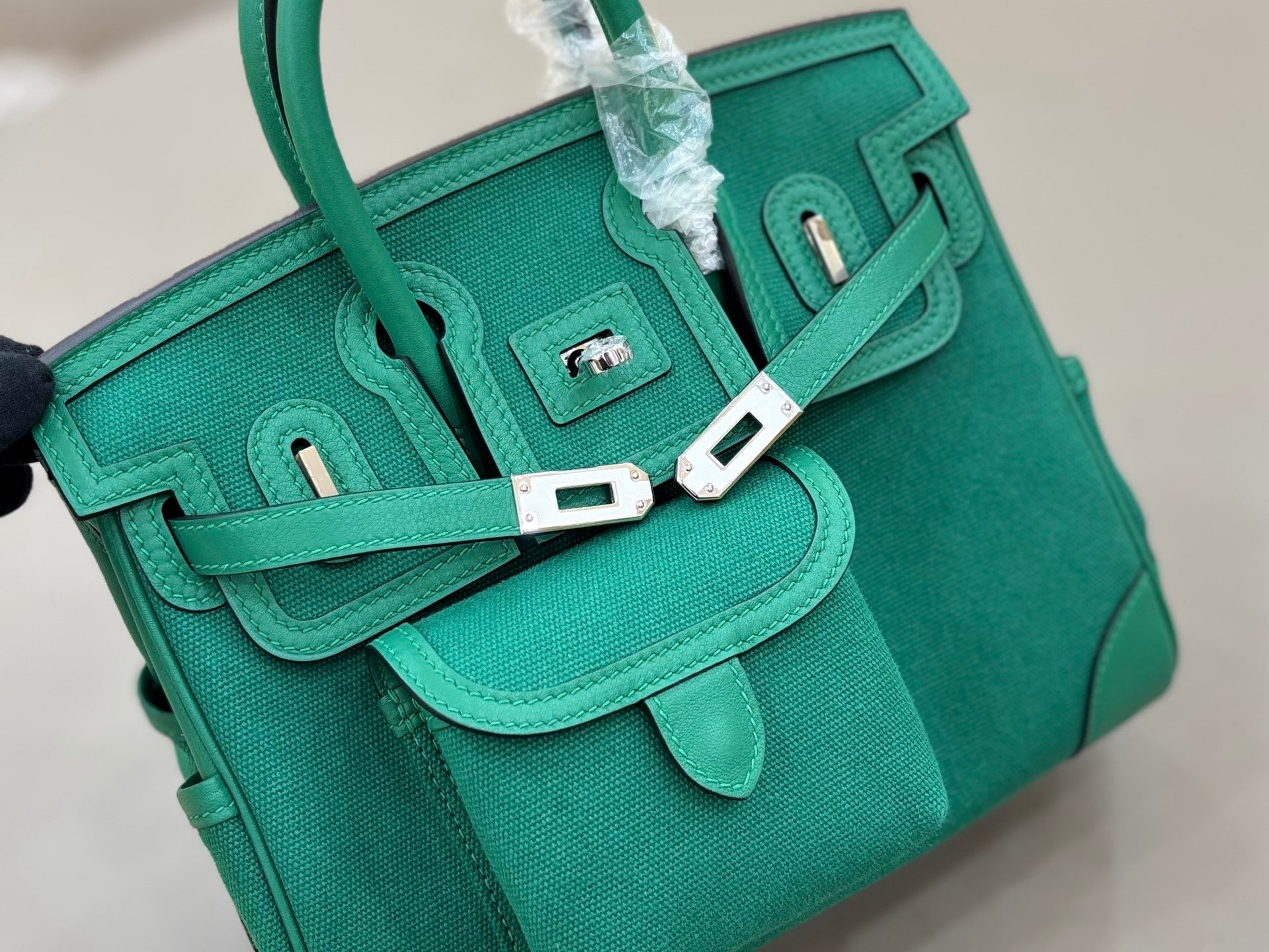 HM 25S BIRKIN CARGO 25 CM IN DARK JADE GREEN CANVAS AND SWIFT WITH SILVER HARDWARE