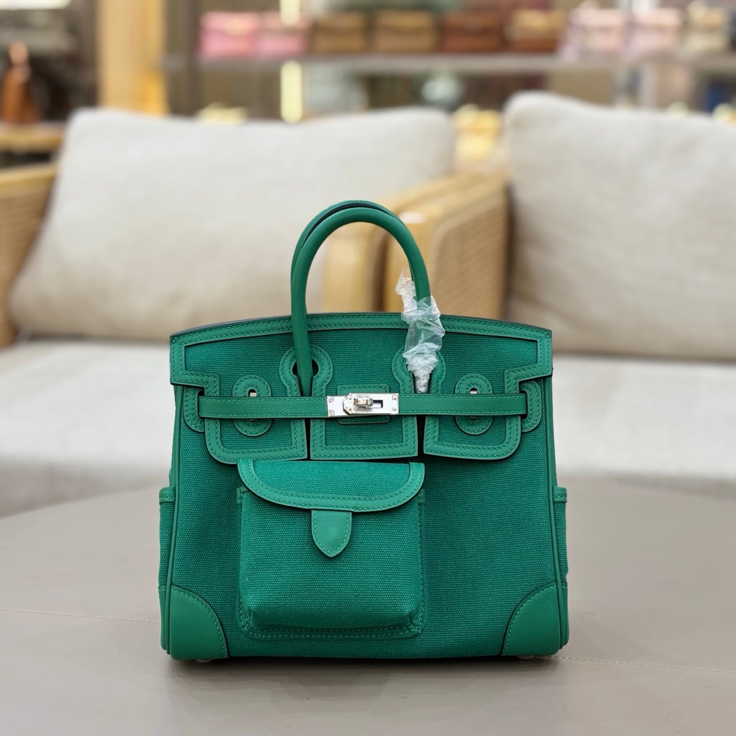 HM 25S BIRKIN CARGO 25 CM IN DARK JADE GREEN CANVAS AND SWIFT WITH SILVER HARDWARE