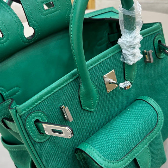 HM 25S BIRKIN CARGO 25 CM IN DARK JADE GREEN CANVAS AND SWIFT WITH SILVER HARDWARE