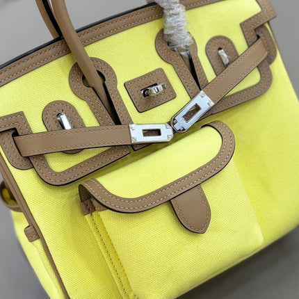 HM 25S BIRKIN CARGO 25 CM IN YELLOW CANVAS AND BROWN SWIFT WITH SILVER HARDWARE