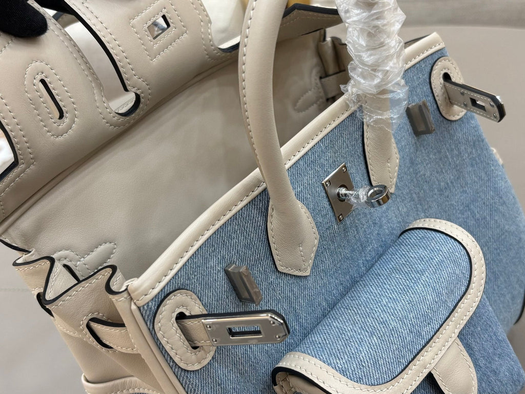 HM 25S BIRKIN CARGO 25 CM IN BLUE DENIM AND CREAM WHITE SWIFT WITH SILVER HARDWARE