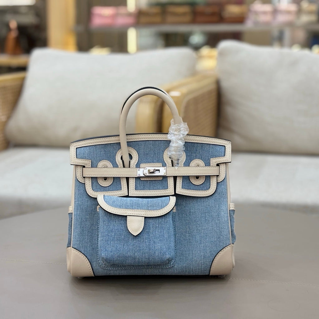 HM 25S BIRKIN CARGO 25 CM IN BLUE DENIM AND CREAM WHITE SWIFT WITH SILVER HARDWARE