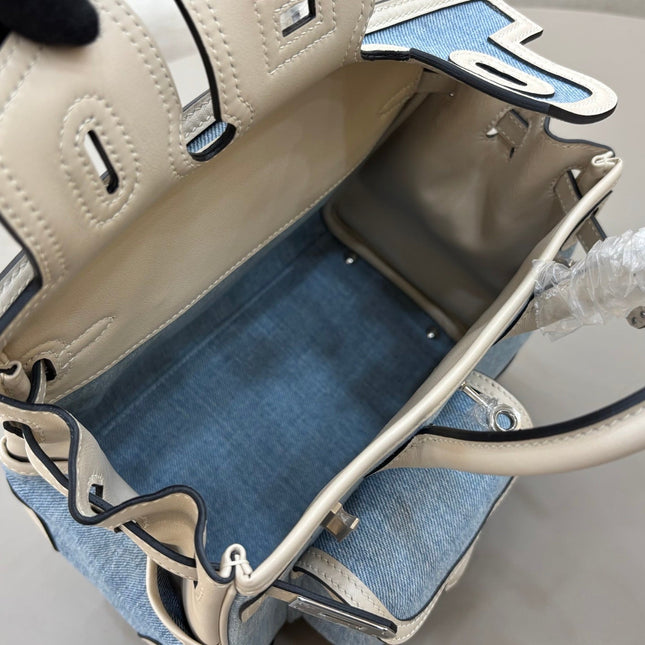 HM 25S BIRKIN CARGO 25 CM IN BLUE DENIM AND CREAM WHITE SWIFT WITH SILVER HARDWARE