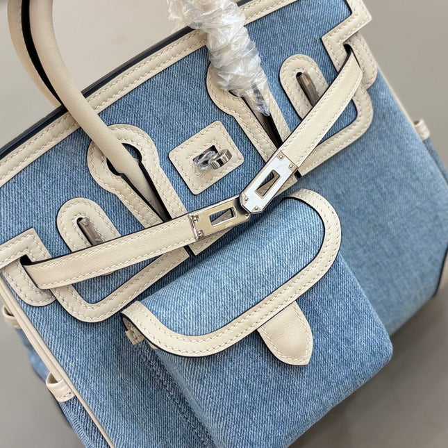 HM 25S BIRKIN CARGO 25 CM IN BLUE DENIM AND CREAM WHITE SWIFT WITH SILVER HARDWARE