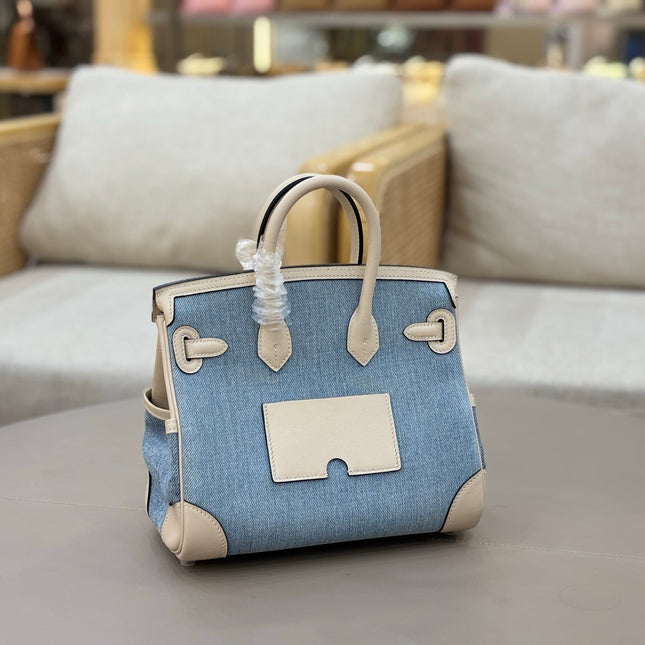 HM 25S BIRKIN CARGO 25 CM IN BLUE DENIM AND CREAM WHITE SWIFT WITH SILVER HARDWARE
