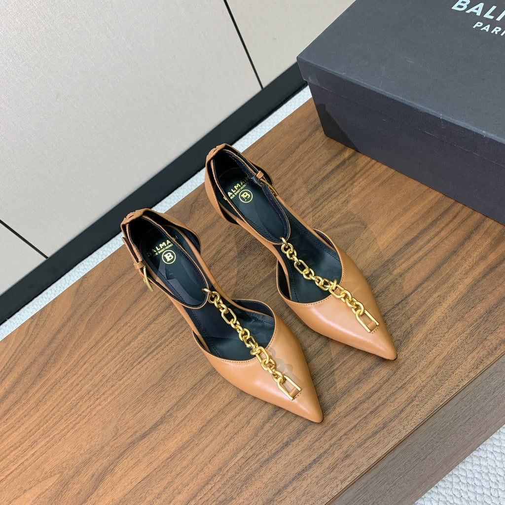 BALMAIN 26S CHAIN HIGH HEELS 95 MM IN LIGHT BROWN CALFSKIN