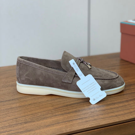 SUMMER WALK LOAFERS BROWN SUEDE SILVER PADLOCK CHARM