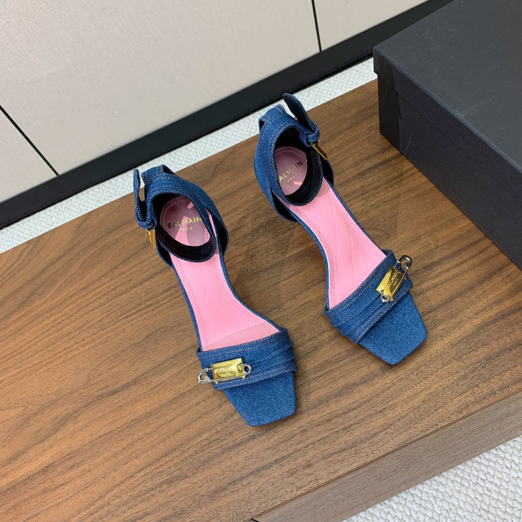 BALMAIN 26S HEELED SANDALS 95 MM IN BLUE DENIM WITH GOLD HARDWARE