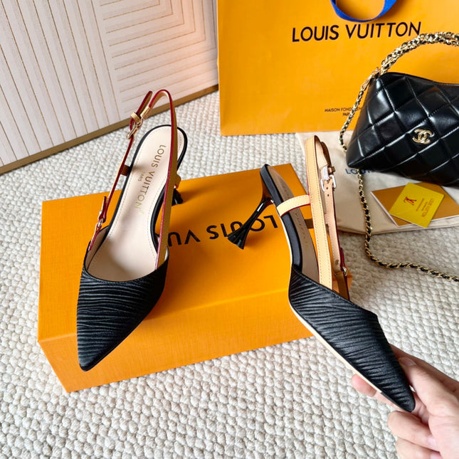 BLOSSOM PUMP SLINGBACKS 75 MM IN BLACK IMPORTED STRIPED SILK SATIN