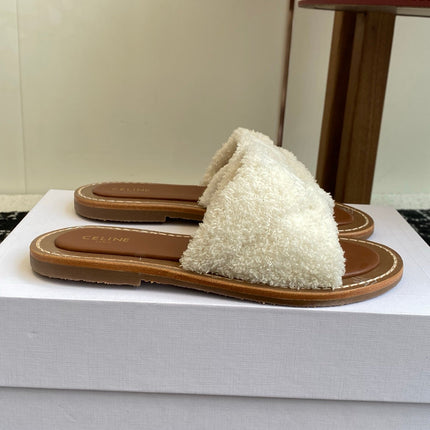 CELINE 26S TRIOMPHE FLAT SLIDES IN WHITE WOOL