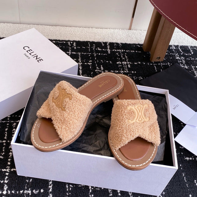 CELINE 26S TRIOMPHE FLAT SLIDES IN PEACH BEIGE WOOL