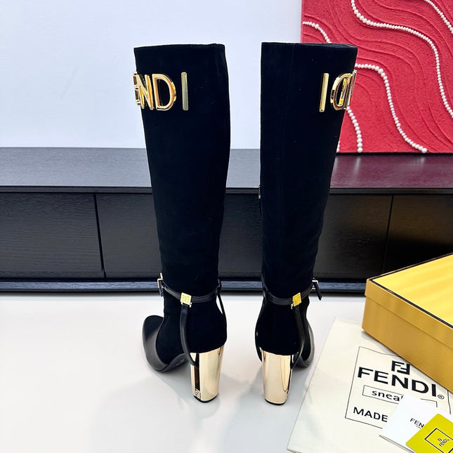 FENDI 25S HIGH-CUT METALLIC HEEL BOOTS 100 MM IN BLACK SUEDE AND CALFSKIN