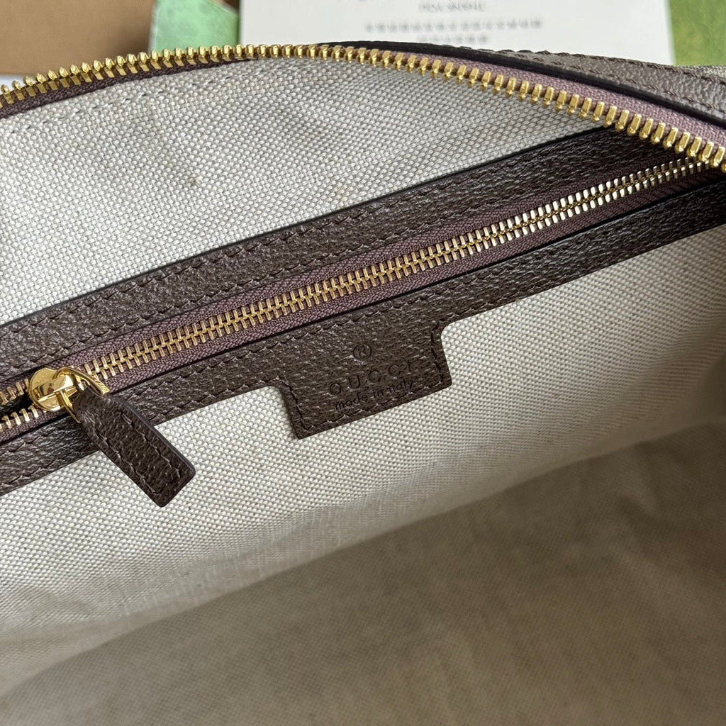 OPHIDIA LARGE BOSTON BAG 31 IN BEIGE EBONY GG BROWN CALFSKIN TRIM