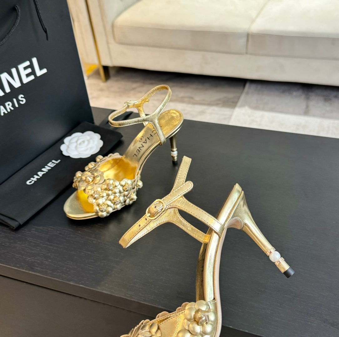 CC Little Camellia World Thin High Sandals Gold Lambskin