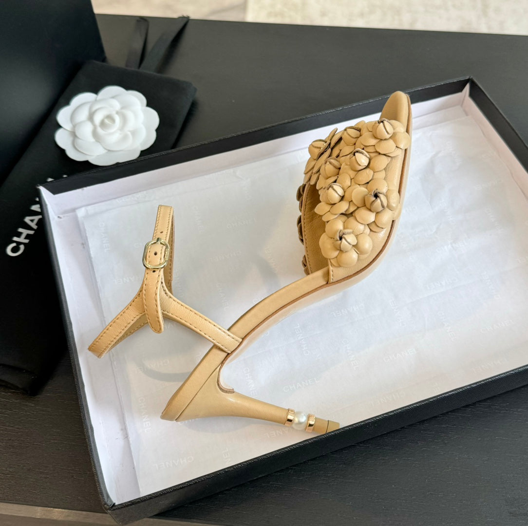 CC Little Camellia World Thin High Sandals Tan Brown Lambskin