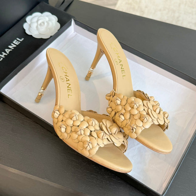 CC Little Camellia World Thin High Heels Tan Brown Lambskin