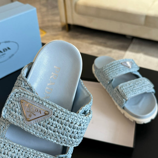 PRA RAFFIA CORK SLIDE SKY CALFSKIN