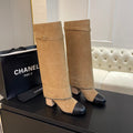 HIGH BOOTS 6.5 CM IN CIDER BROWN SUEDE AND BLACK CALFSKIN