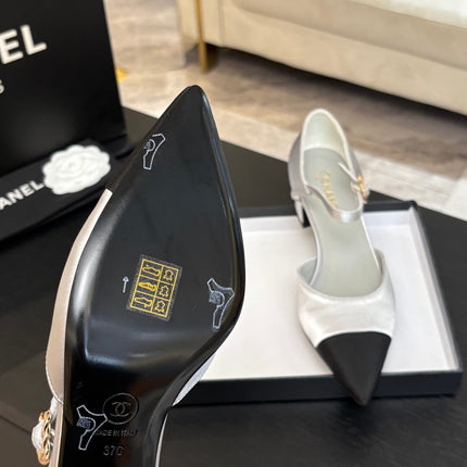 BLOCK HEEL SLINGBACKS IN SILVER MIX BLACK SILK FABRIC