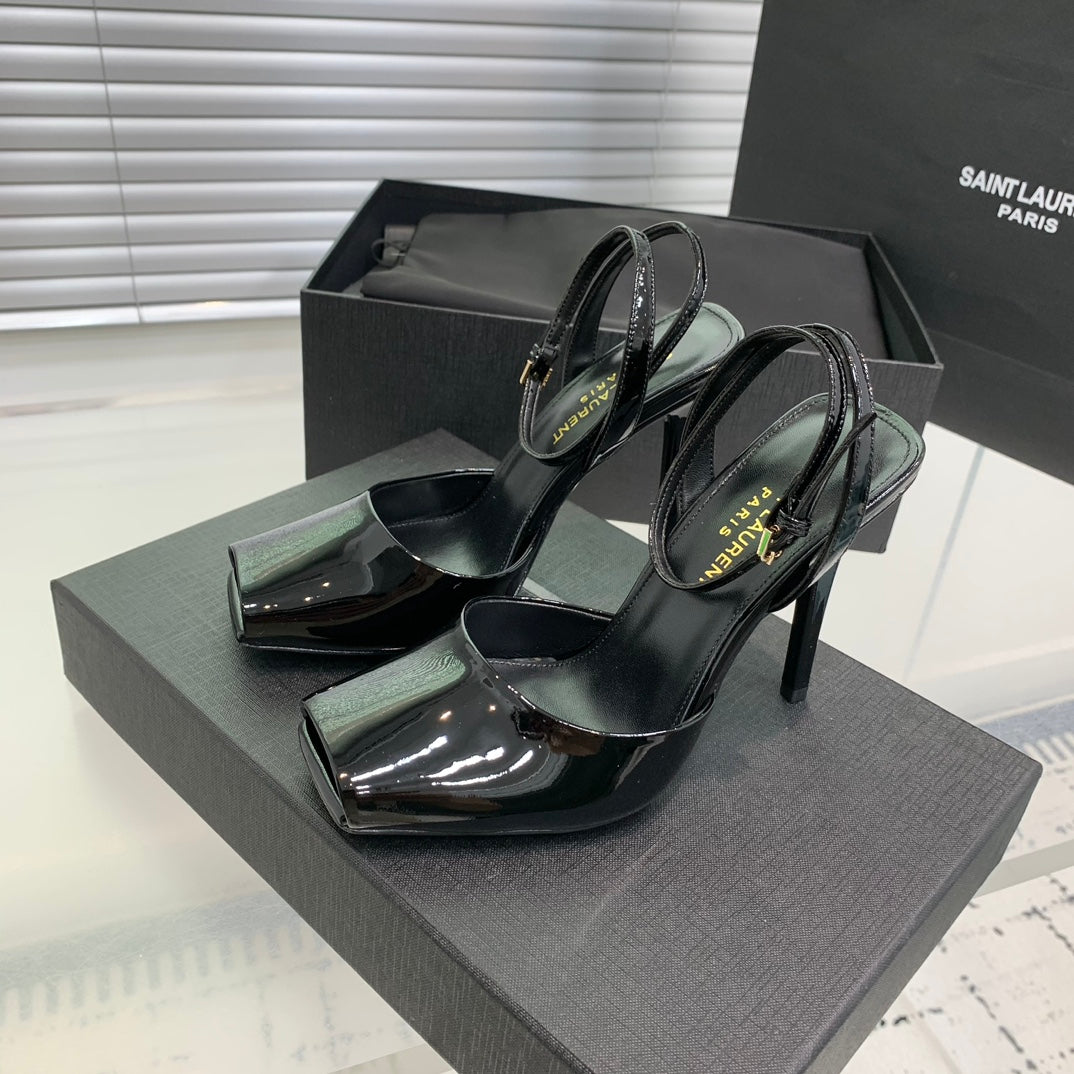 SL FISH MOUTH SANDAL PUMP BLACK POLISHED CALFSKIN