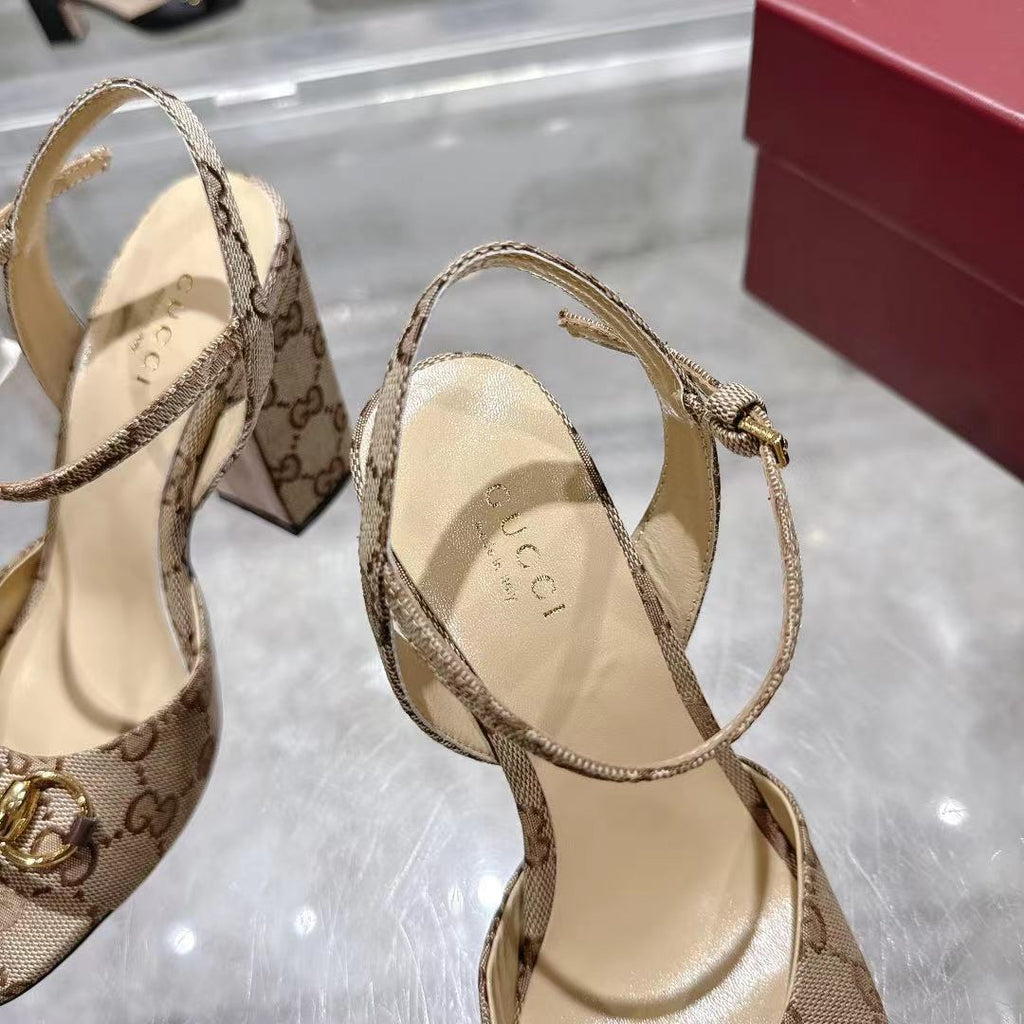 GG HEELED SANDALS 95MM IN DARK BEIGE CANVAS WITH GOLD HARDWARE