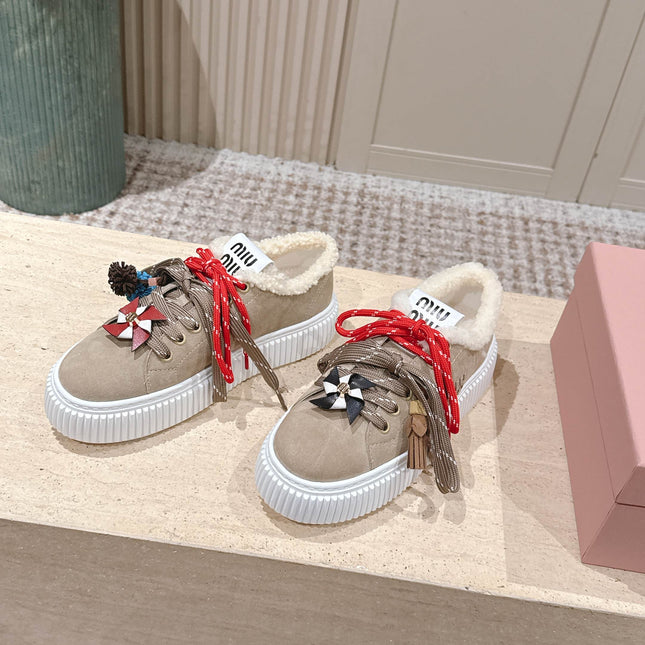 MIUMIU 25S SNEAKERS 50MM IN DARK BEIGE SUEDE WITH SHEARLING