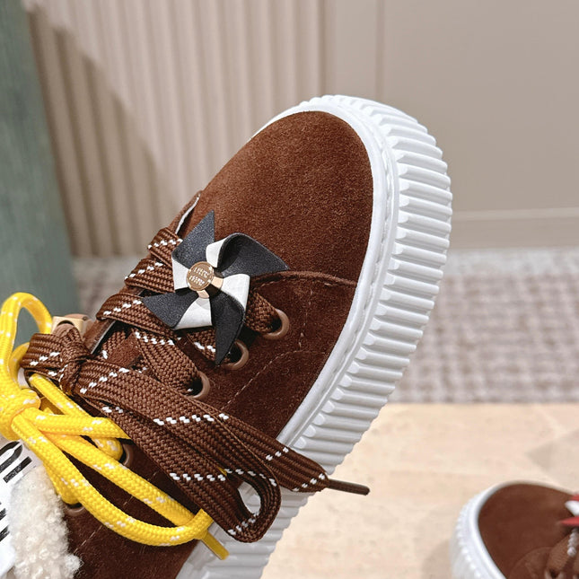 MIUMIU 25S SNEAKERS 50MM IN DARK BROWN SUEDE WITH SHEARLING