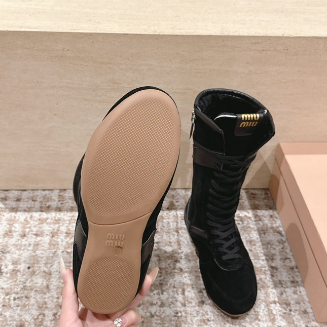 MIUMIU 25S ANKLE BOOTS IN BLACK SUEDE WITH SHEARLING