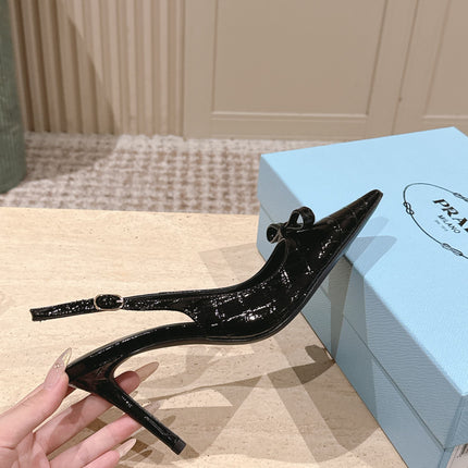 PRADA 26S POINTED-TOE SLINGBACK HEELS 85MM IN BLACK CROC-EMBOSSED CALFSKIN
