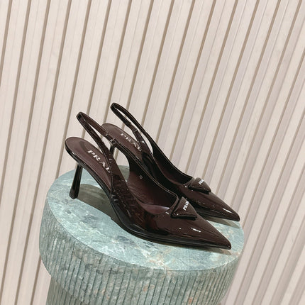 PRADA 26S POINTED-TOE SLINGBACK HEELS 75MM IN DARK BROWN PATENT CALFSKIN