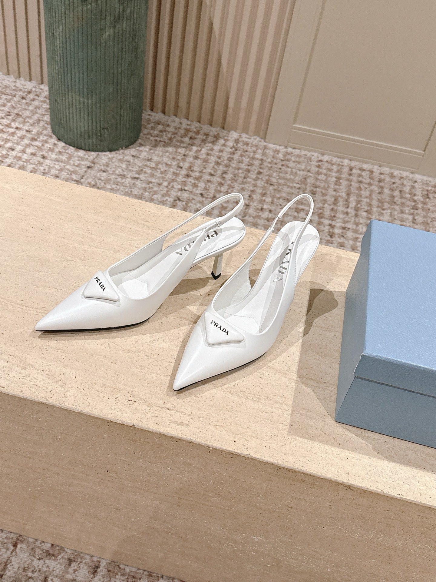 PRADA 26S POINTED-TOE SLINGBACK HEELS 75MM IN WHITE SHINY CALFSKIN