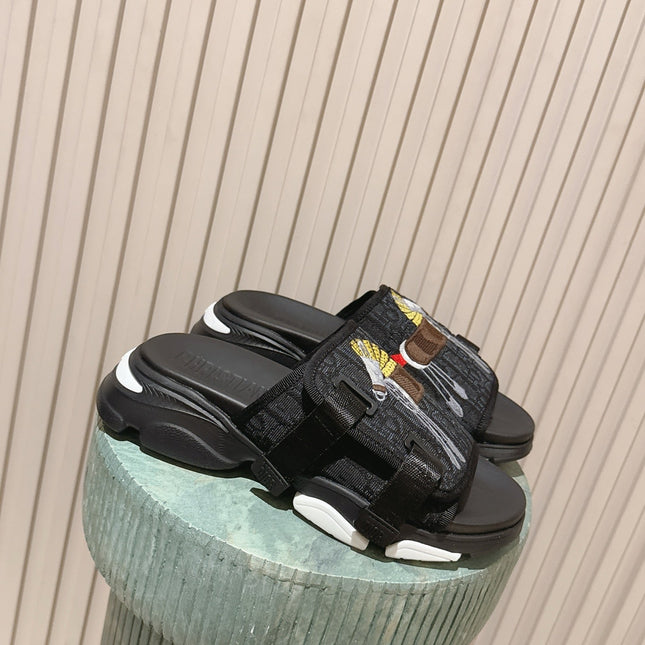 DIOR 26S DOUBLE STRAP SLIDE SANDALS IN BLACK MONOGRAM CANVAS