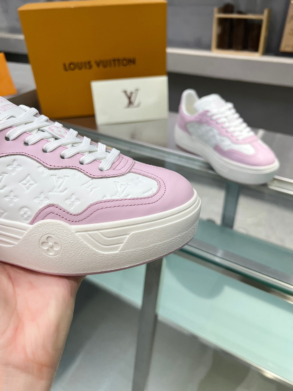 LV WOMEN GROOVY PLATFORM IN WHITE MIX LIGHT PINK EMBOSSED CALFSKIN