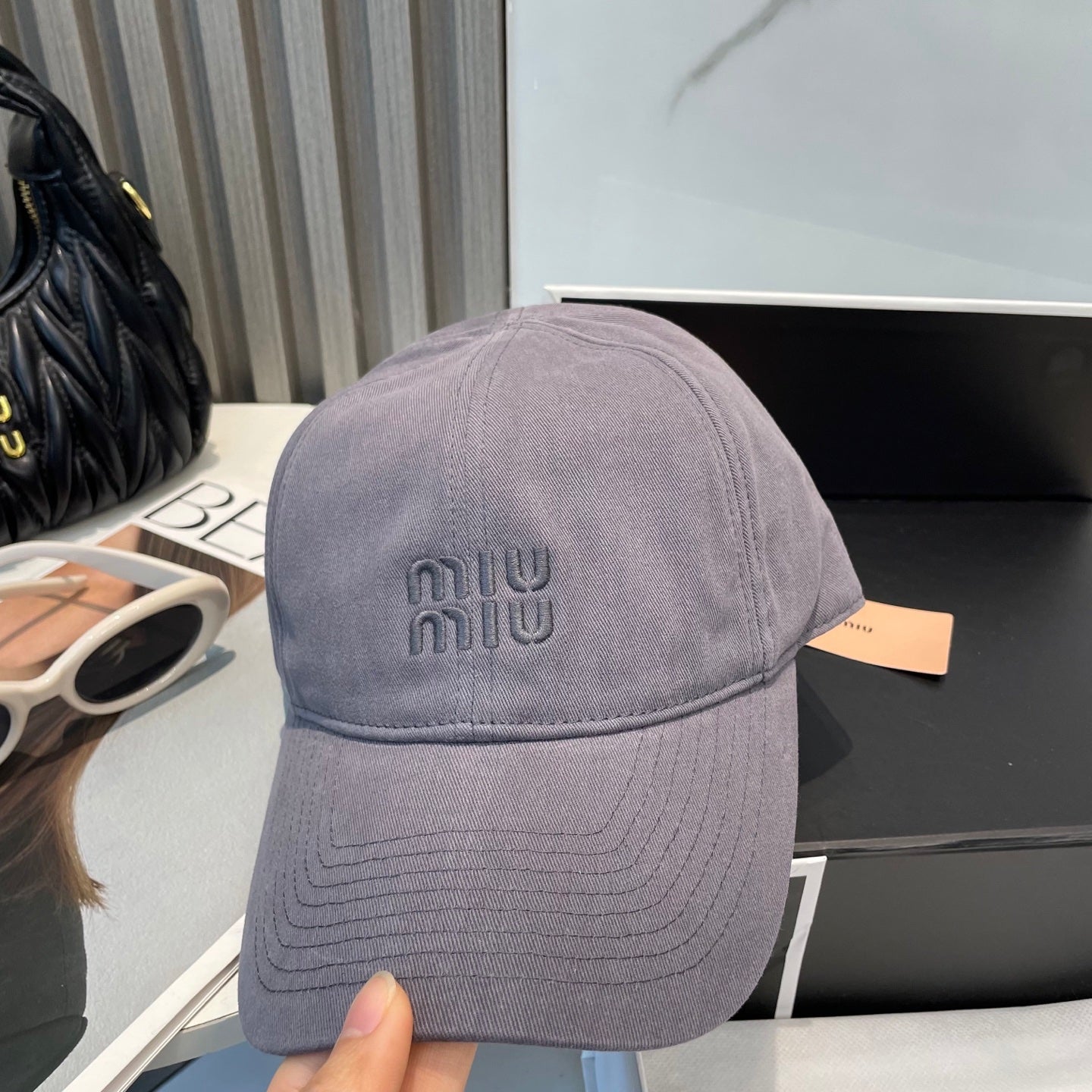MIUMIU BASEBALL CAP IN GREY ORANGE FABRIC BRAND EMBROIDERY