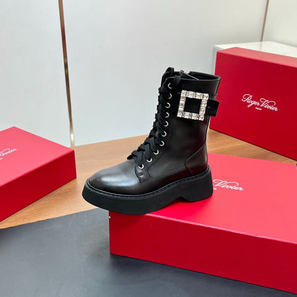 VIV' RANGERS STRASS BUCKLE BOOTS IN BLACK CALFSKIN EMBELLISHED BUCKLE