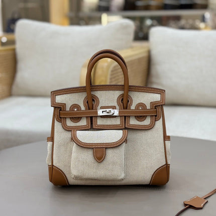 HM 25S BIRKIN CARGO 25 CM IN OFF-WHITE CANVAS AND BROWN SWIFT WITH SILVER HARDWARE