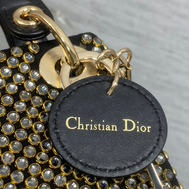 DIOR 25S MINI LADY D-LITE BAG 12 IN BLACK CANVAS AND CALFSKIN CRYSTAL-STUDDED