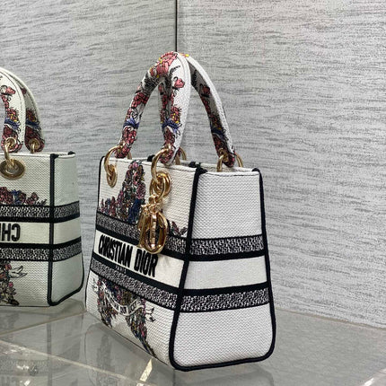 DIOR 25S SMALL LADY D-LITE BAG 24 IN WHITE RED DIOR STAR EMBROIDERY