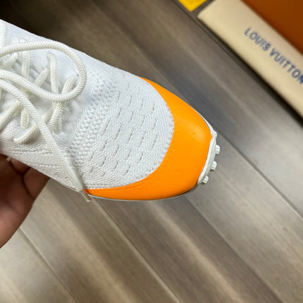 SNEAKERS IN WHITE MESH BREATHABLE FABRIC AND BLUE MIX ORANGE CALFSKIN