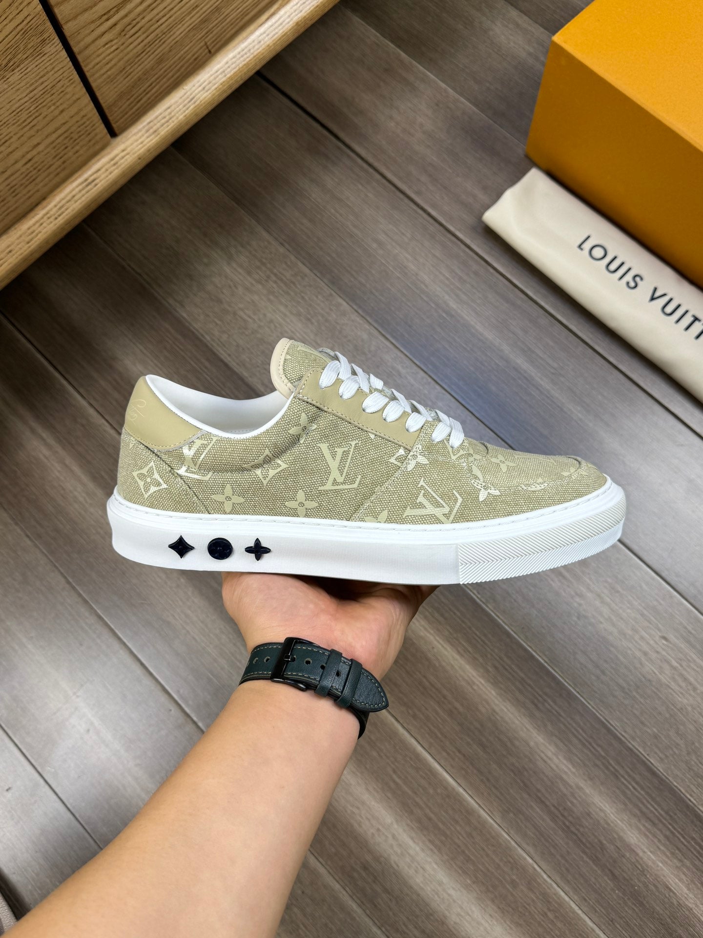 LV TRAINER SNEAKER IN OLIVE YELLOW MONOGRAM DENIM