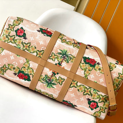 KEEPALL BANDOULIÈRE 50 IN SAND TROPICAL MOTIFS MONOGRAM SURFIN CANVAS