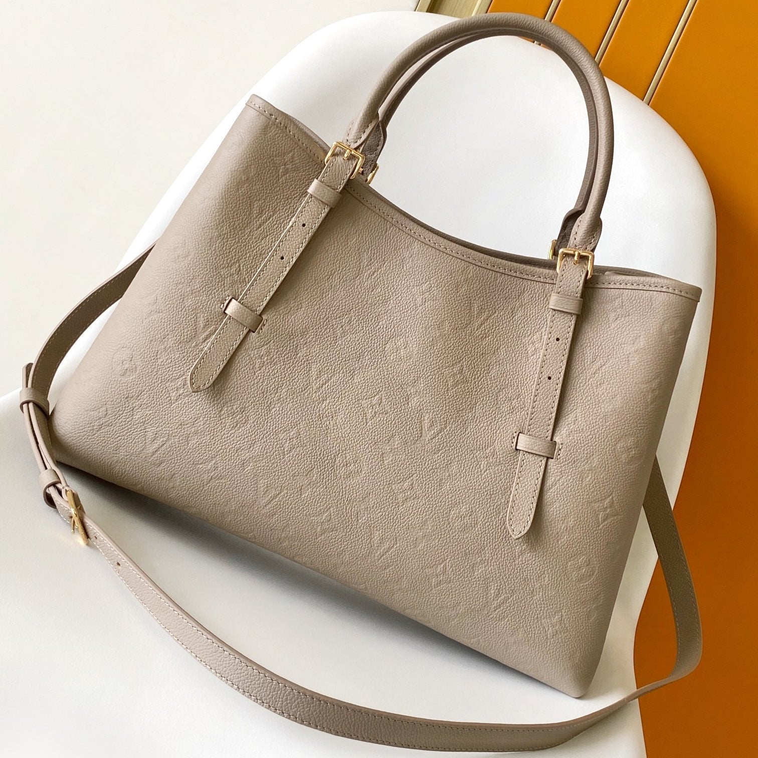 LV 25S BABYLONE TOTE GM BAG 37 IN TOURTERELLE GREY CALFSKIN GOLD HARDWARE